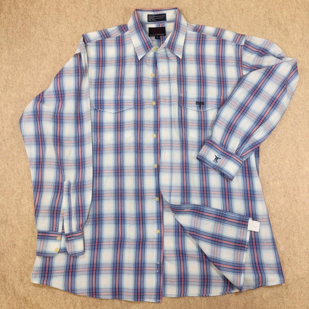 Lucchese 1883 Western Shirt Mens Large Blue White Red Plaid 100% Cotton